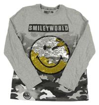 Šedo-army melírované triko se smajlíkem z překlápěcích flitrů a nápisem C&A