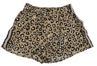 Hnedo-čierno-biele vzorované kraťasy so srdiečkami a pruhmi