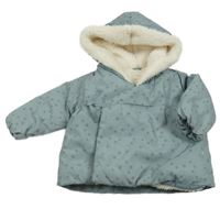 Zeleno-šedá šusťáková zavinovací zimní bunda s hvězdami a kapucí Zara