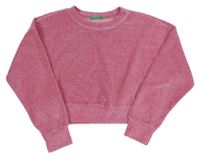 Tmavorůžovo-strieborná pruhovaná zamatová crop mikina Benetton