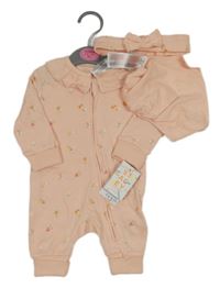 Nové - 3set - Ružový kvetovaný overal s límečkem + čelenka s mašlí + slinták Primark