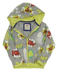 Šedá melírovaná propínací mikina s komiksovými nápisy a kapucí Kuniboo