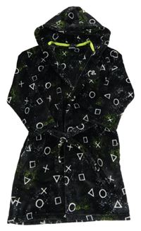 Černý skvrnitý chlupatý župan s logem PlayStation a kapucí Next