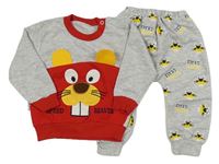 2 set - Sivo-červená ľahká mikina s bobrem + ľahké tepláky