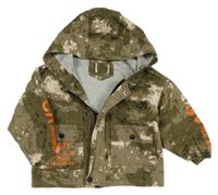 Kaki-smotanová vzorovaná plátenná jarná bunda s vreckami a nápismi a kapucňou