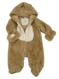 Hnedá kožušinová podšitá kombinéza s kapucí + rukavice Next