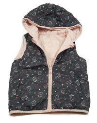 Tmavošedá šusťáková zateplená obosutranná vesta s kočkami a kapucí Topomini