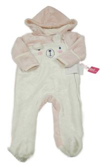 Nové - bílo-světlerůžová plyšová kombinéza s medvědem a kapucí 