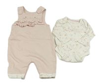 2set - bílé květované body + růžové laclové tepláky s čumákem Mothercare