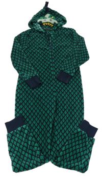 Zeleno-tmavomodrá vzorovaná plyšová kombinéza s kapucí - dino