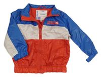 Modro-bielo-červená šušťáková jarná bunda s potlačou