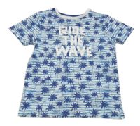 Modro-bílé melírované tričko s palmami a nápisem Peacocks