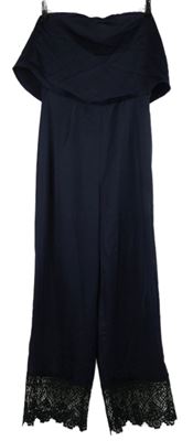 Dámksý tmavomodrý saténový culottes kalhotový overal bez ramínek s čipkou MissGuided