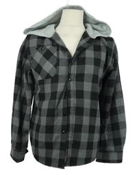 Pánska sivo-čierna kockovaná košeľa s kapucňou