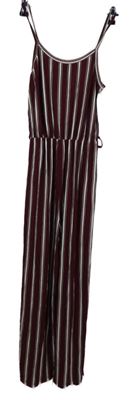 Nové - Dámský vínovo-bílý pruhovaný culottes kalhotový overal 