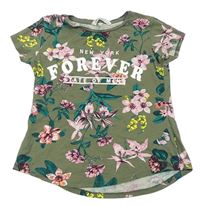 Khaki kvetinové tričko s nápisom H&M