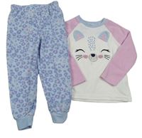 Bielo-ružovo-modré fleecové pyžama s mačkou Primark