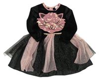 Kockovaným - Čierno-ružové zamatové šaty s mačkou a tylovou sukní