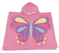 Růžové froté osuškové pončo s motýlem a kapucí