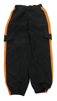 Černo-oranžové šusťákové cuff kalhoty s kapsami shein