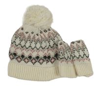 2set - Smetanovo-růžová vzorovaná čepice s bambulí + rukavice Tu