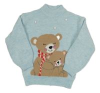 Světlemodrý melírovaný svetr s medvídky,flitry a bambulkami PRIMARK0