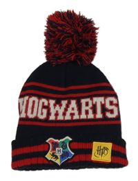 Tmavomodor-červená čapica s nápisom a bambulí - Harry Potter