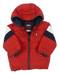 Červeno-bielo-tmavomodrá šušťáková zimná bunda s kapucňou Next
