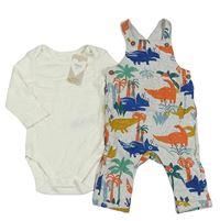 2set - Šedé melírované laclové tepláky s dinosaury + bílé body M&S