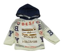 Smetanovo-tmavomodrá mikina s nápisom a kapucňou