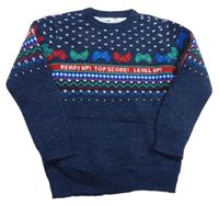 Tmavomodrý melírovaný pletený sveter so vzorom a ovladači