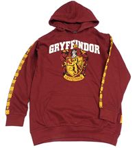 Vínová dlouhá mikina s erbem a nápisem - Harry Potter a kapsou a pruhem a kapucí