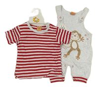 2Set - Světlešedé melírované laclové tepláky s opičkou a pruhy + červeno/světlešedé pruhované tričko Cheeky Chimp