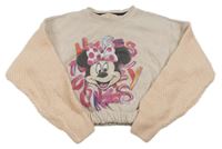Pudrová rebrovaná oversize crop mikina s Minnie a marhuľovymi pletenymi rukávy cavallo Bianco