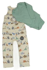 Nové - 2Set - Smetanové laclové tepláky se zvířátky a kapsou + olivové body M&S