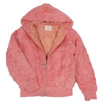 Růžový kožešinový zateplený bomber s kapucňou