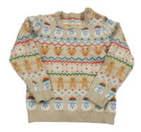 Béžový vzorovaný sveter s perníčky a sněhuláčky a sobmi Tu