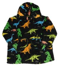 Čierna huňatá oversize mikina s dinosaurami a kapucňou