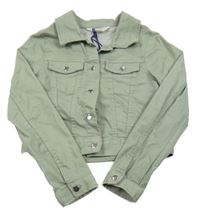 Olivová tepláková rifľová crop bunda s golierikom H&M