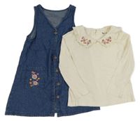 2Set - Modré riflové propínací šaty s kytičkami + smetanové triko s límečkem Tu