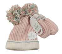 Nové - 2Set - Světlerůžovo-bílá žebrovaná čepice se třpytkami a bambulemi + rukavice George