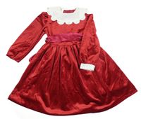 Tmavočerveno-biele lesklé zamatové šaty s golierom a opaskom Miss Victoria