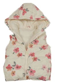 Smotanová prešívaná šušťáková zateplená vesta s kvietkami a kapucňou St. Bernard