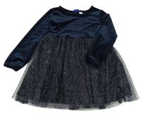 Tmavomodré plyšové šaty se třpytivým tylem lupilu