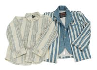 3Set - Modro/bílé pruhované sako se všitou vestou + motýlek + bílo/modro/černá pruhovaná košile Mintu