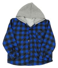 Čierno-cobaltovoě modrá kockovaná košeľová bunda s kapucňou