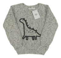 Nové - šedo-bílo-hnědo-černý melírovaný svetr s dinosaurem PRIMARK