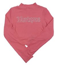 Lososové rebrované crop tričko s nápisem z kamínků a stojačikom Matalan