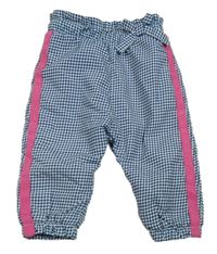 Tmavomodro-bílé kostkované šusťákové zateplené kalhoty s pruhem Ergee