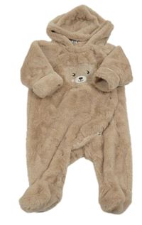 Hnedá kožušinová podšitá kombinéza s medvěďom a kapucňou Dopodopo